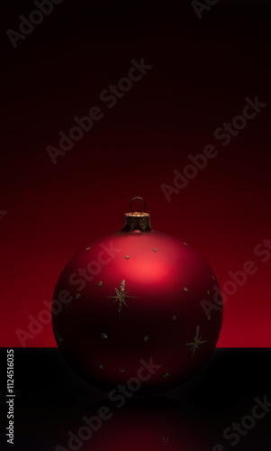 Red Christmas tree ball on a dark background with red backlight. Holiday Background.