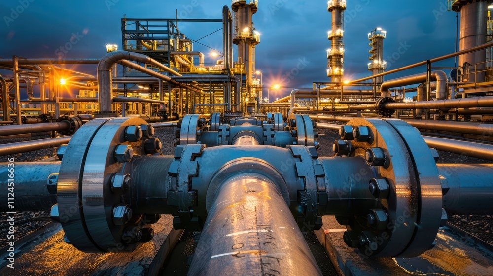 Industrial pipes and valves with bright lights illuminating a dark oil refinery plant Industrial pipes and valves with bright lights illuminating a dark oil refinery plant
