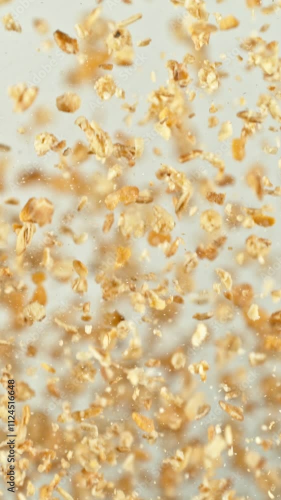 Super Slow Motion of Flying Breakfast Cereals up in the Air. Isolated on Brown Background. Filmed on High Speed Cinema Camera, 1000 fps. Vertical Aspect Ratio. Super Slow Motion of Flying Breakfast Cereals up in the Air. Isolated on Brown Background. Filmed on High Speed Cinema Camera, 1000 fps. Vertical Aspect Ratio.