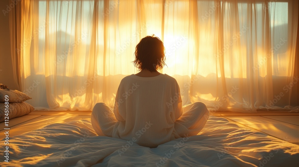 Woman Suffering from Migraine in Serene Japanese-Inspired Bedroom Woman Suffering from Migraine in Serene Japanese-Inspired Bedroom