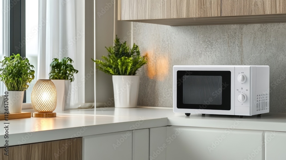 Modern Kitchen with Microwave and Indoor Plants Modern Kitchen with Microwave and Indoor Plants