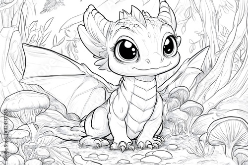 Black and white illustration of a cute baby dragon sitting in a magical forest, perfect for coloring activities photo