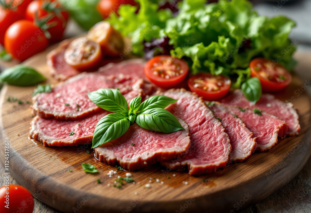 A plate of sliced roast beef with fresh tomato, basil leaves, and lettuce on a wooden cutting board A plate of sliced roast beef with fresh tomato, basil leaves, and lettuce on a wooden cutting board