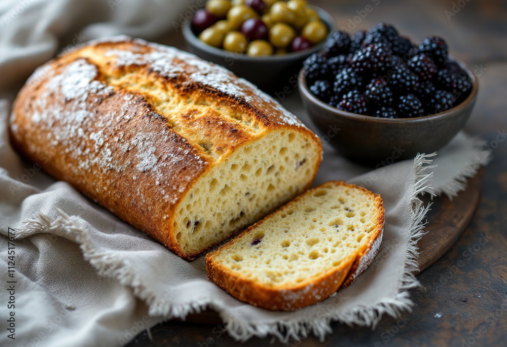 A rustic loaf of freshly baked bread, with a bowl of olives and a bowl of dark berries, possibly blackberries or blueberries, on a linen cloth A rustic loaf of freshly baked bread, with a bowl of olives and a bowl of dark berries, possibly blackberries or blueberries, on a linen cloth