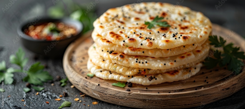 Homemade roti chapati flatbread on gray concrete background with space for text or inscriptions