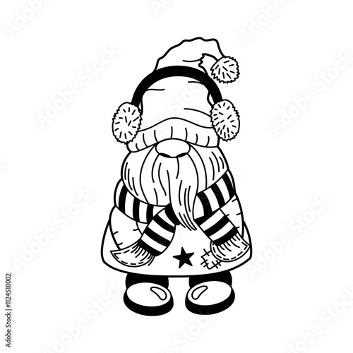 Outline doodle of a cozy dwarf with a winter scarf