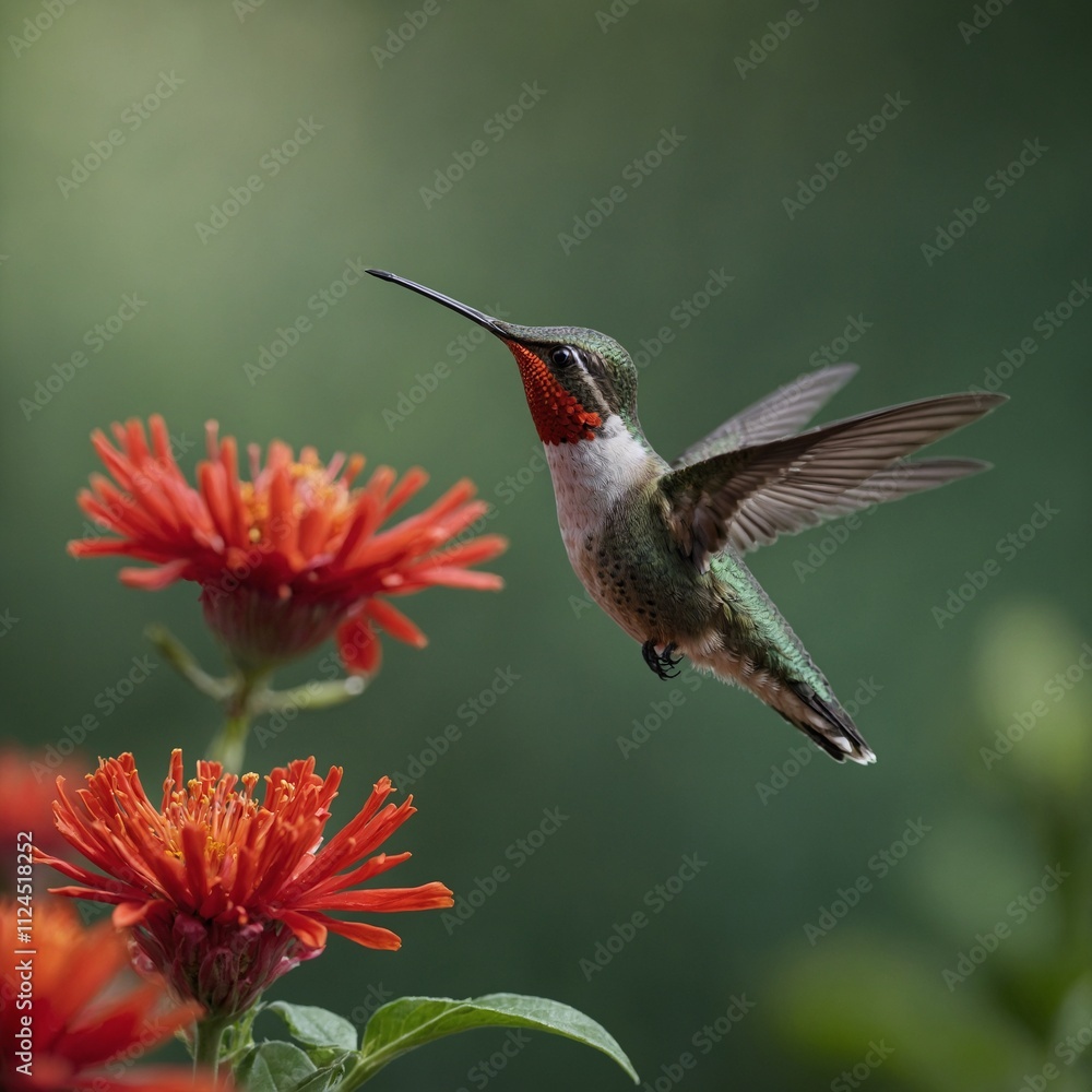 Fototapeta premium A hummingbird hovering over a vibrant red flower with a blurred green background.