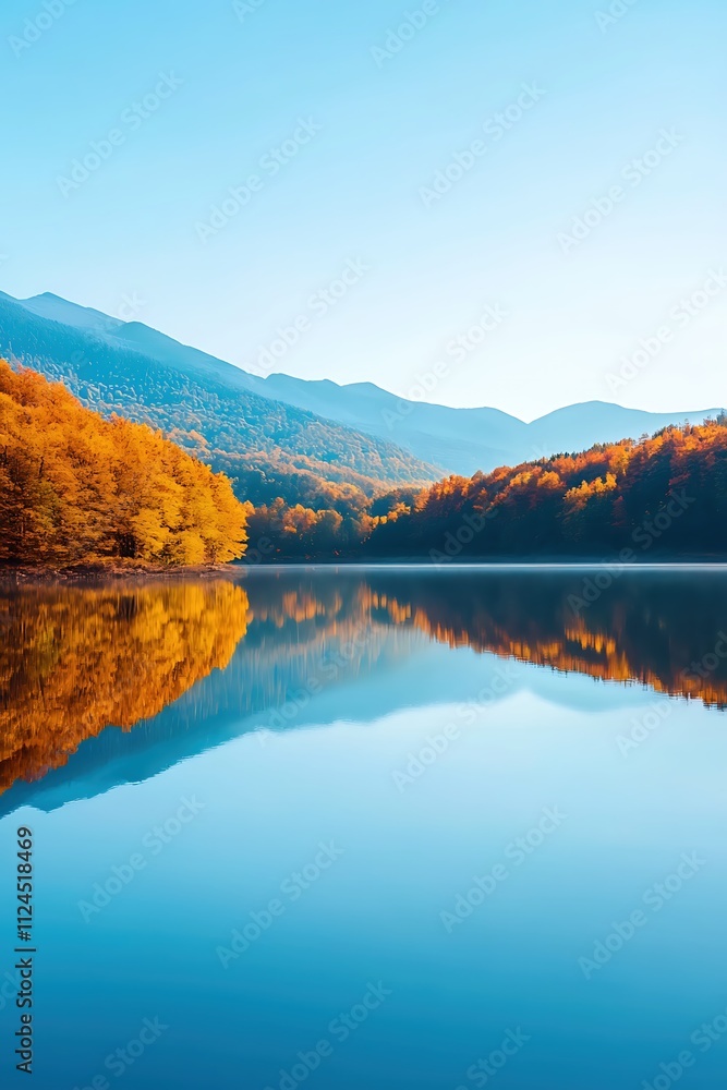 Naklejka premium A beautiful lake surrounded by trees with a blue sky in the background