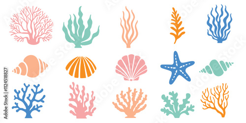 Underwater coral and seaweed, shells, vector cartoon on a white background.Vector eps 10