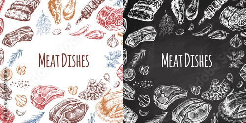 Meat dishes sketch collection for card template blackboard style