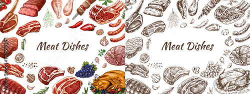 Meat dishes sketch collection for restaurant menu card and branding