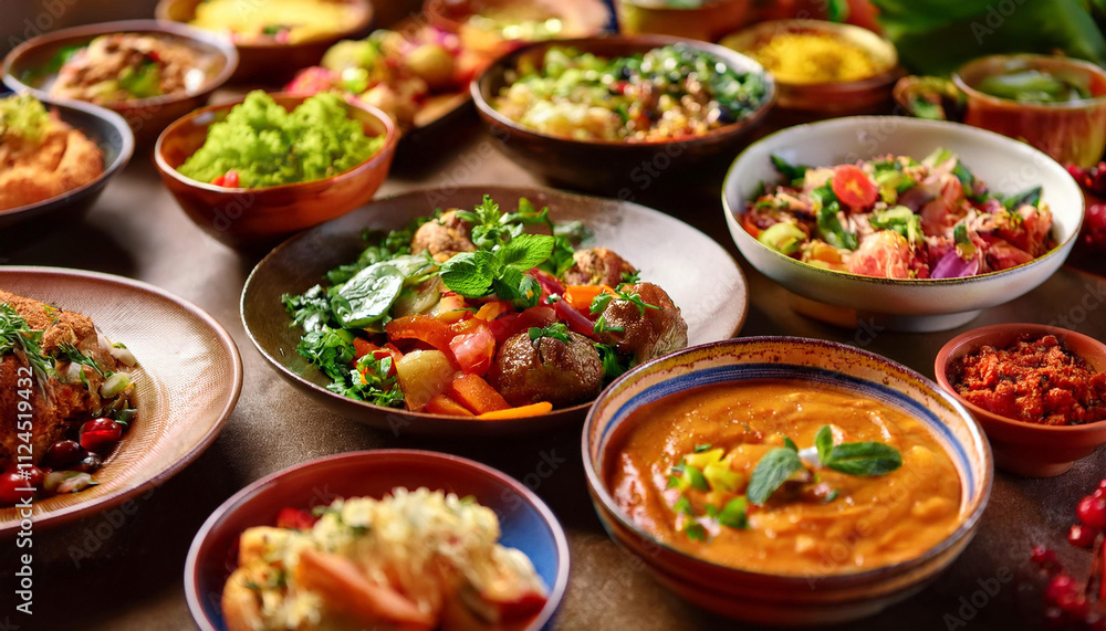 Delicious Array of Colorful Dishes on a Table Delicious Array of Colorful Dishes on a Table