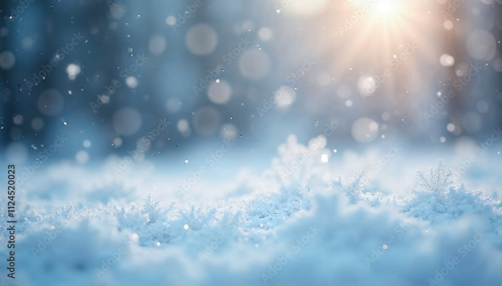 Naklejka premium Snowflakes On Snow - Christmas And Winter Background - Natural Snowdrift Close Up With Abstract Light