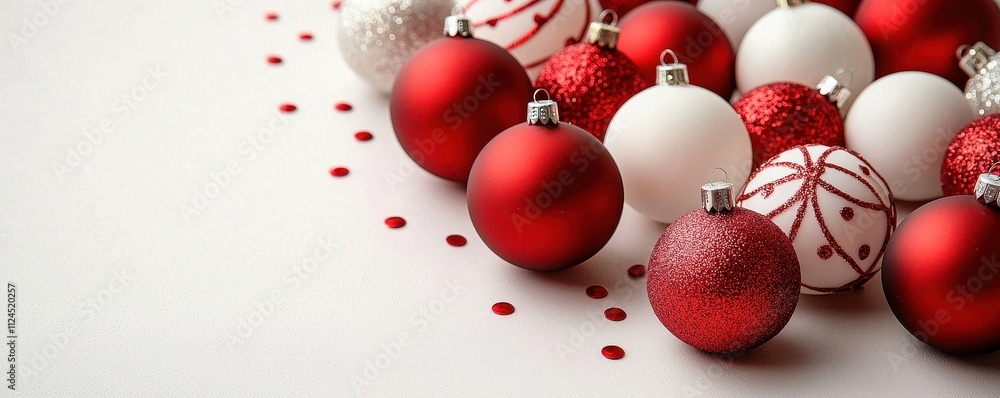 Bright Red and White Christmas Ornaments on a Light Background Bright Red and White Christmas Ornaments on a Light Background
