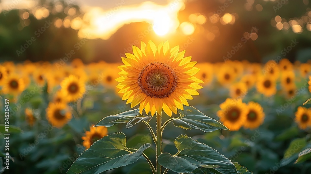 Naklejka premium Vibrant Sunflower Field Basking in Golden Sunset Light Creating a Serene and Peaceful Landscape