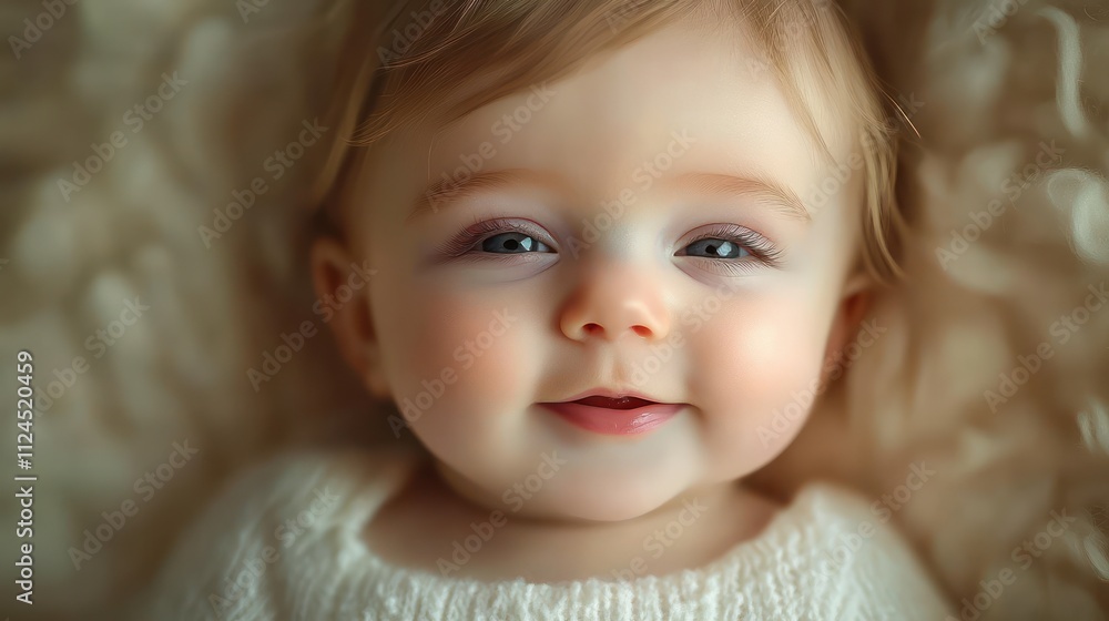 Adorable smiling baby girl on white bed happy childhood laughter innocence playful cute Adorable smiling baby girl on white bed happy childhood laughter innocence playful cute