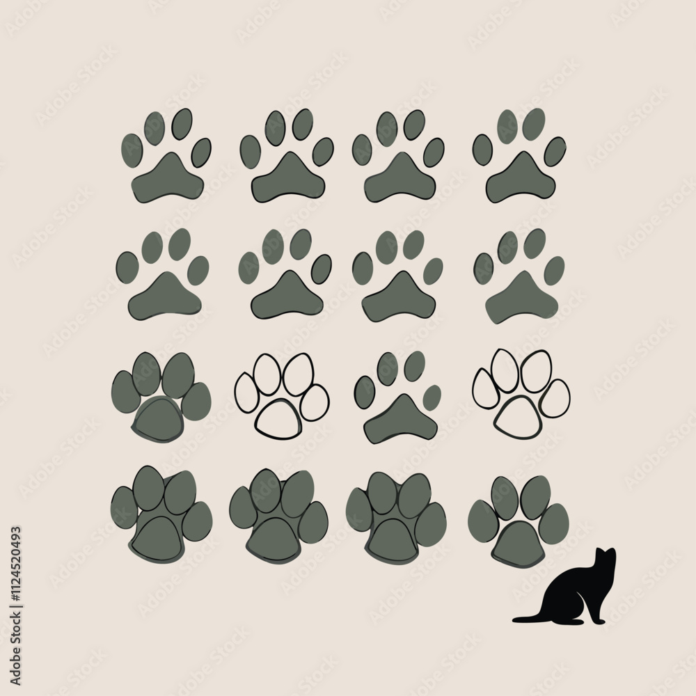 Fototapeta premium a collection of 16 black paw prints arranged in a grid-like pattern