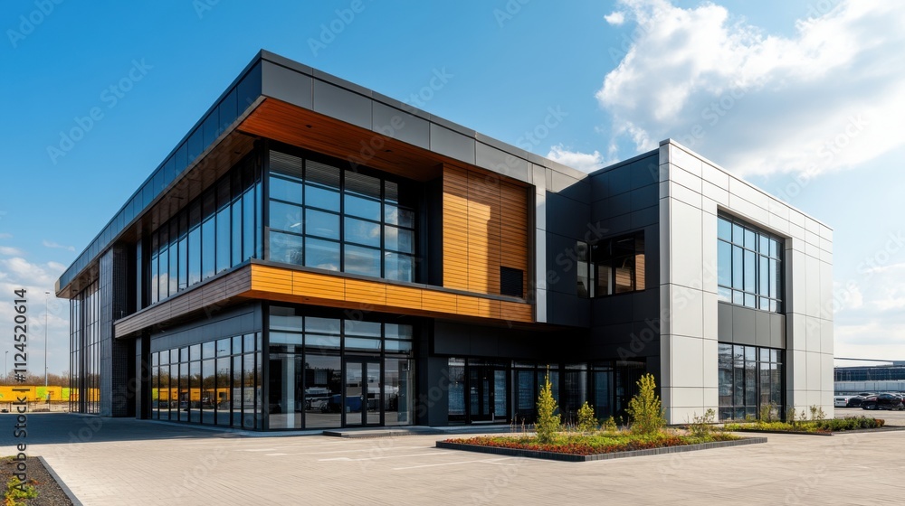 Modern Commercial Building with Large Glass Windows and Contemporary Design under Clear Blue Sky Modern Commercial Building with Large Glass Windows and Contemporary Design under Clear Blue Sky