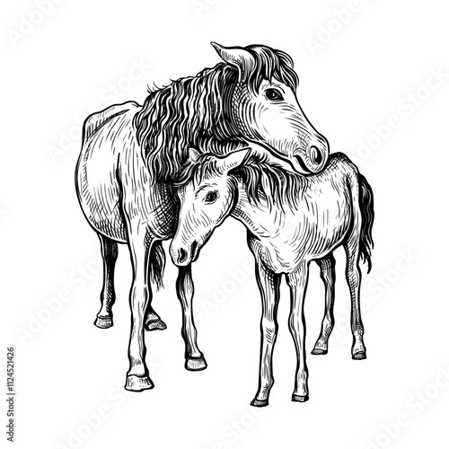 Hand drawn black and white sketch of Horse. Farm animal. Horse is a symbol of the 2026 Chinese New Year. Holiday vector illustration of Zodiac Sign for greeting card, flyer, banner, calendar