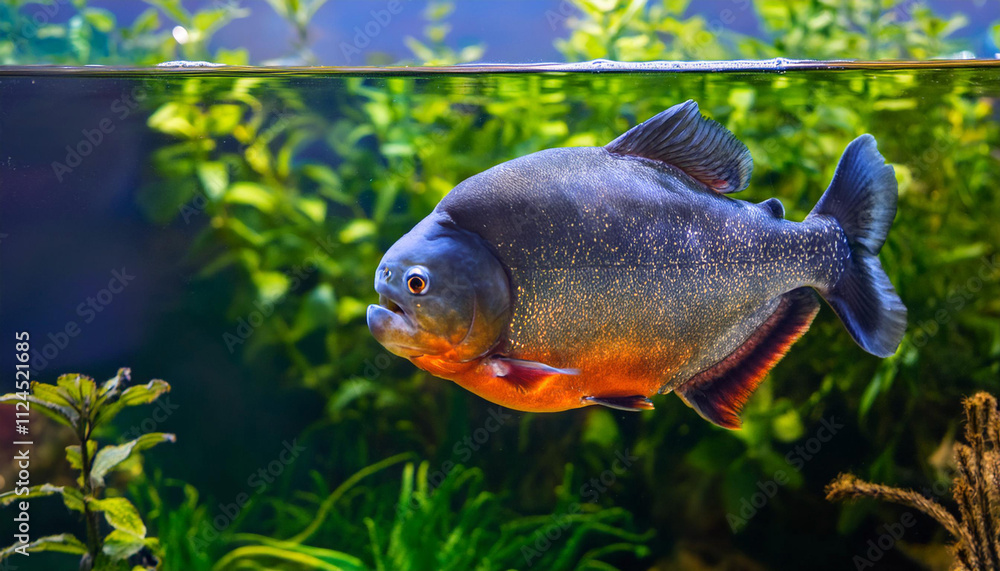 A Single Red-Bellied Piranha Swimming in a Water With Green Plants and Copy Space A Single Red-Bellied Piranha Swimming in a Water With Green Plants and Copy Space