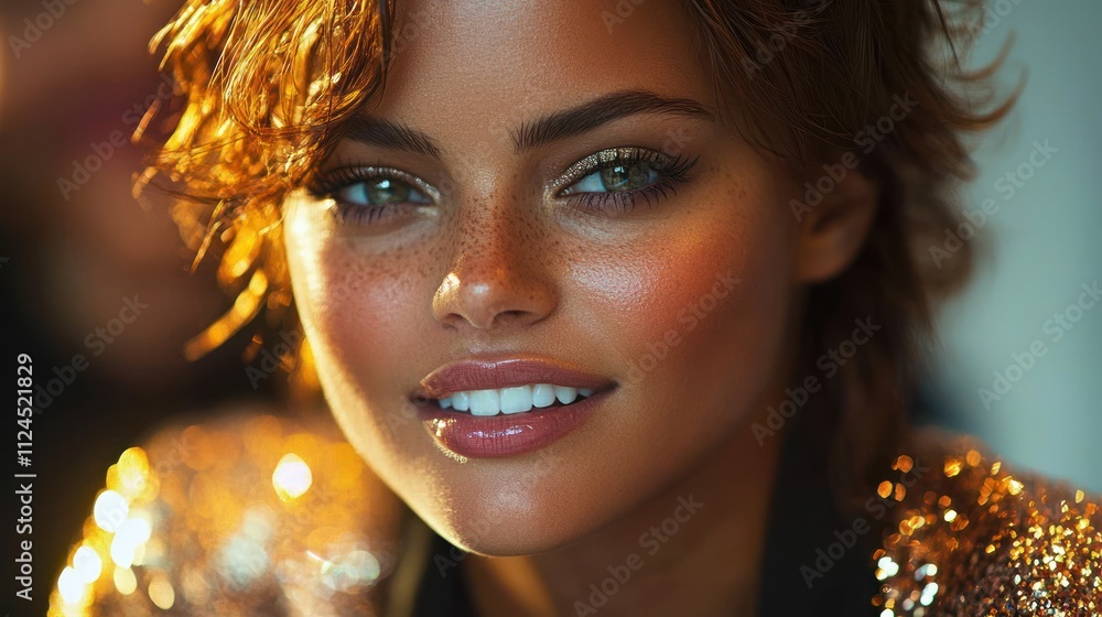 Confident Professional Woman with Curly Hair Smiling in a Modern Office Promoting Collaboration and Success