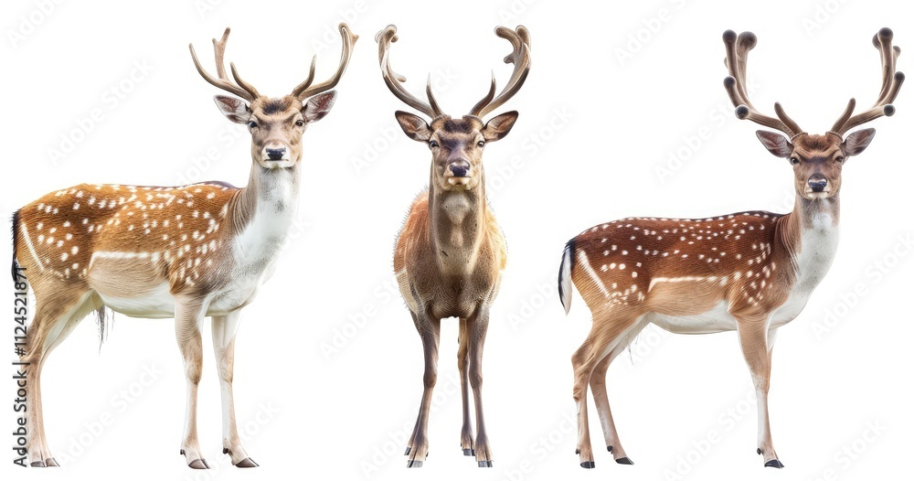 set of three realistic photo deer with big horns, full body isolated on white background set of three realistic photo deer with big horns, full body isolated on white background