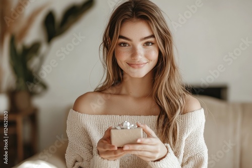 Sexy slim beautiful young woman in a chic outfit holding a small Mother's Day gift, joyful expression, modern living room decor, half-body shot, soft natural lighting.  photo