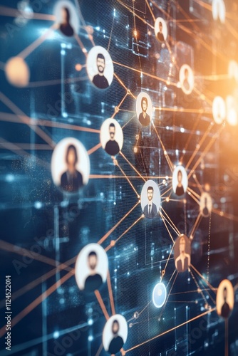 Digital connection network featuring diverse avatars and glowing connections, symbolizing teamwork and collaboration.