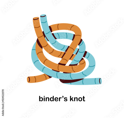 Binders knot tied with rope. Intricate binding, intertwined string connection, twisted loops. Complex entwined lacing, cord, wire, double line. Flat vector illustration isolated on white background