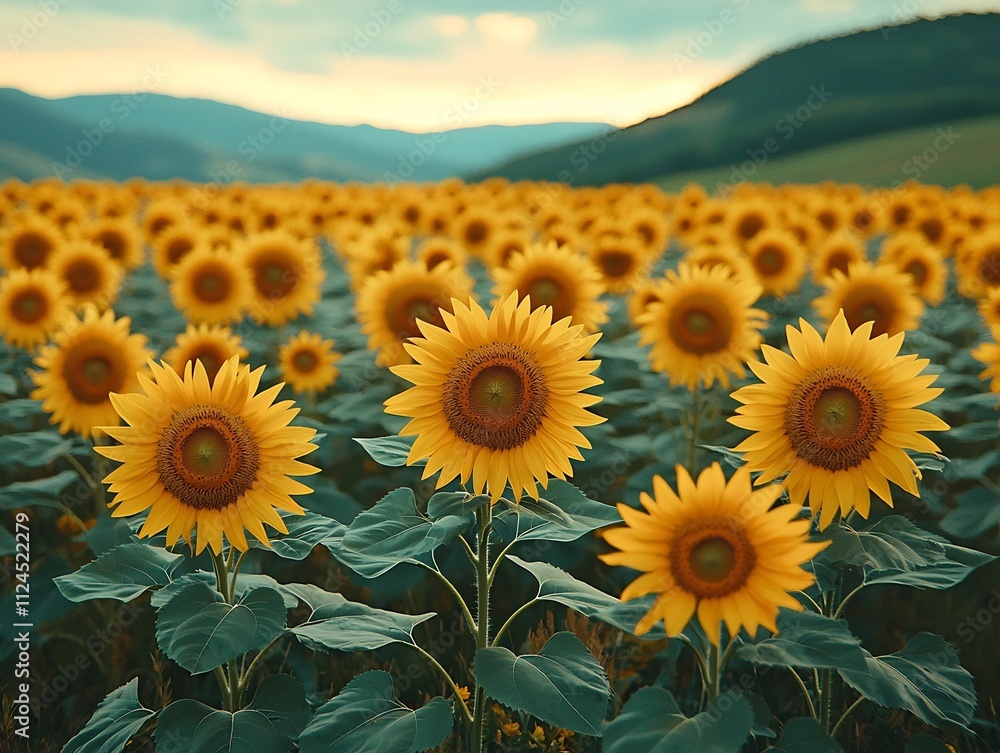 Fototapeta premium Captivating Sunflower Field at Serene Twilight with Glowing Blooms