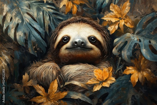 sloth resting tropical foliage watercolor illustration cute mammal brown fur wildlife nature jungle floral art spring photo