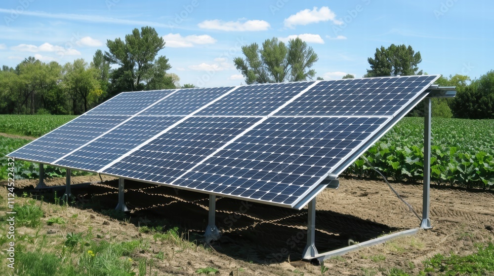 Solar panels installed in an agricultural field, with crops growing underneath, providing energy and partial shading Solar panels installed in an agricultural field, with crops growing underneath, providing energy and partial shading