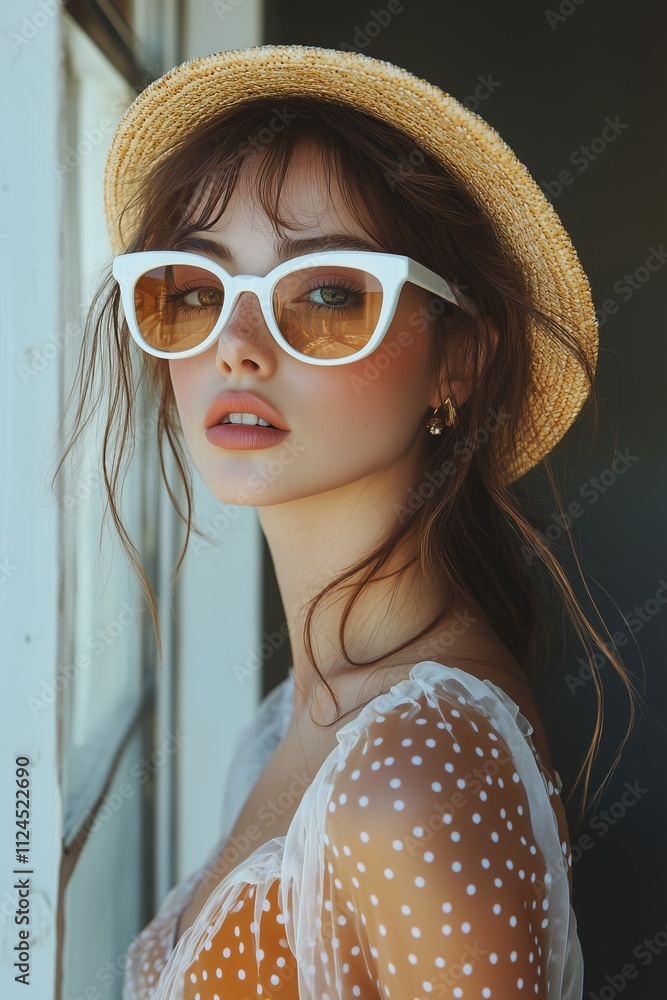 Fototapeta premium woman in a brown polka dot dress with white sunglasses and a straw hat, in a retro-style fashion photography