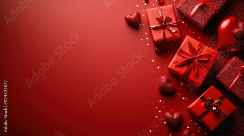 Red hearts and gift boxes on the red background, st.valentine day concept