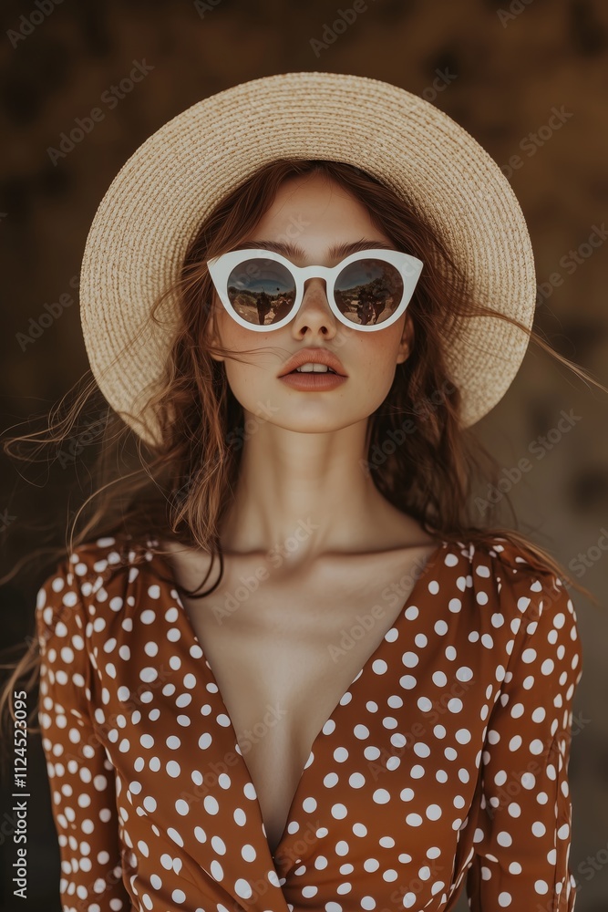 Fototapeta premium woman in a brown polka dot dress with white sunglasses and a straw hat, in a retro-style fashion photography