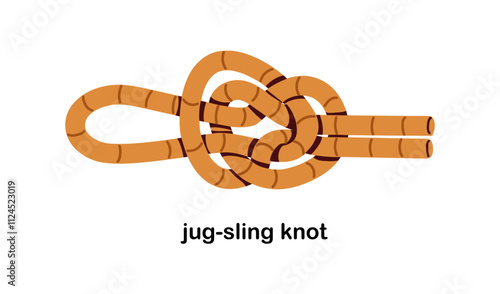 Jug sling, bottle knot tied with rope. Binding loop structure. Safe utility string, cord for attaching. Safety lace, twine construction. Flat vector illustration isolated on white background