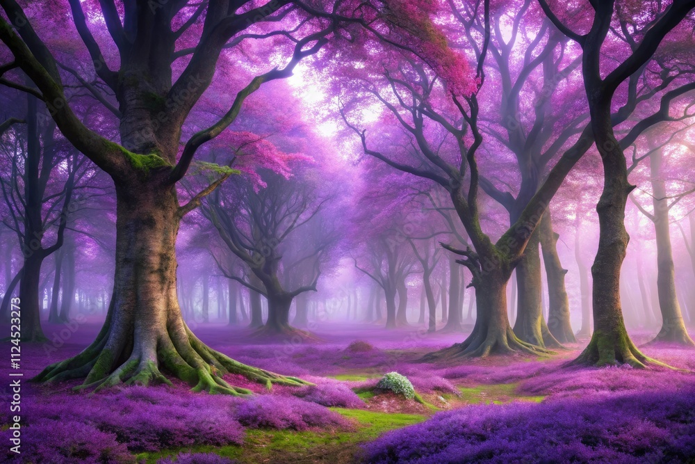 Obraz premium Dreamlike purple mist shrouds an enchanted forest, a mystical fantasy landscape.