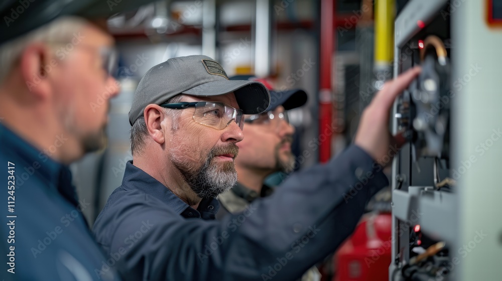 Team of technicians inspecting HVAC systems to ensure maximum energy efficiency in a commercial building Team of technicians inspecting HVAC systems to ensure maximum energy efficiency in a commercial building