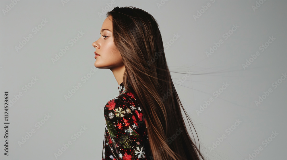 A fashionable side-view shot of a long-haired model in a sleek Christmas-themed outfit. A fashionable side-view shot of a long-haired model in a sleek Christmas-themed outfit.