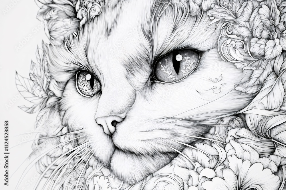 Obraz premium Intricate black and white illustration featuring a cat's face adorned with detailed floral patterns, creating a captivating and artistic portrait