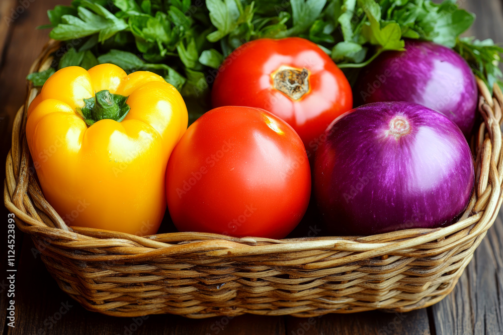 Yellow bell pepper, tomato, red onion, and greens are in a wicker basket on a wooden surface. Concept of fresh vegetables. For healthy food promotion. Yellow bell pepper, tomato, red onion, and greens are in a wicker basket on a wooden surface. Concept of fresh vegetables. For healthy food promotion.