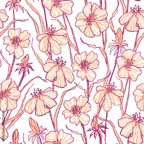 Abstract flowers and leaves repeat seamless pattern. Watercolor and hand-drawn digital art. Design for fabric, wallpaper, packaging, paper, print