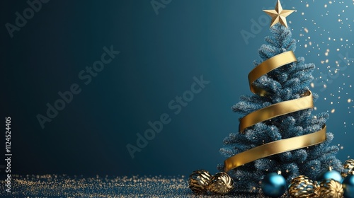 Blue and gold Christmas tree toys on a dark blue background, Christmas tree, festive atmosphere, free space for text