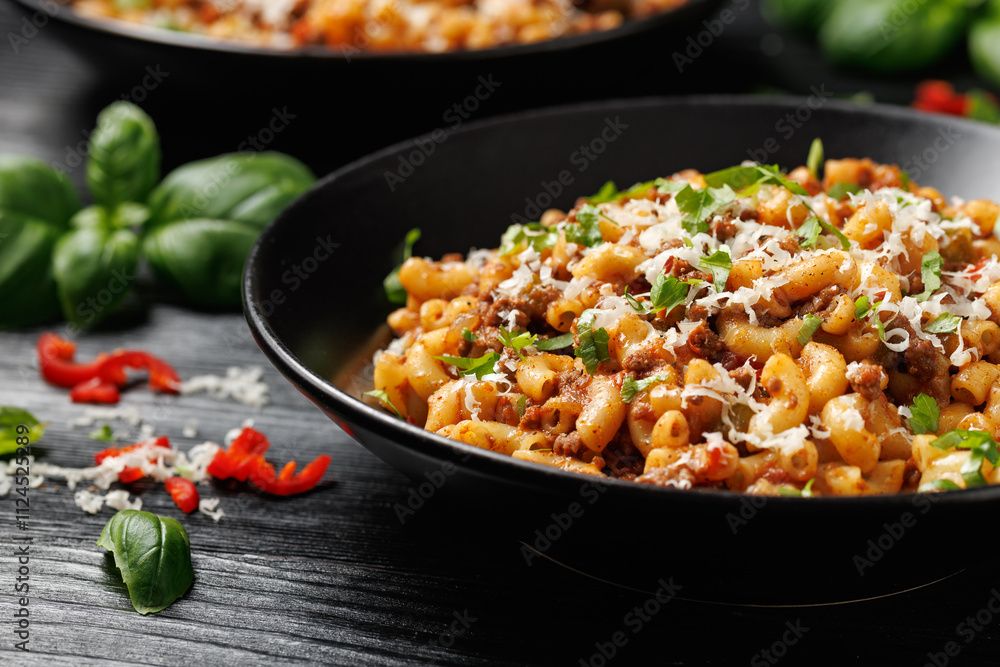 Homemade Taco Beef Pasta in a black bowl. Mexican food. Homemade Taco Beef Pasta in a black bowl. Mexican food.