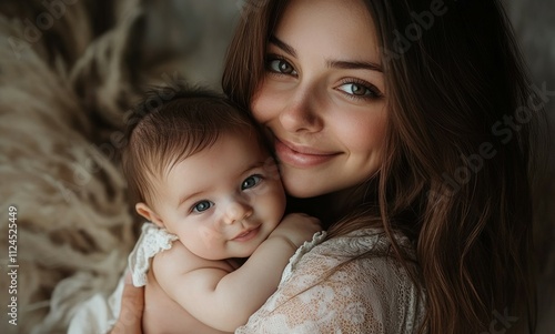 Slim beautiful young woman holding a baby, smiling softly, half-body portrait, cozy indoor setting with soft light, Mother's Day celebration, tender and heartwarming.