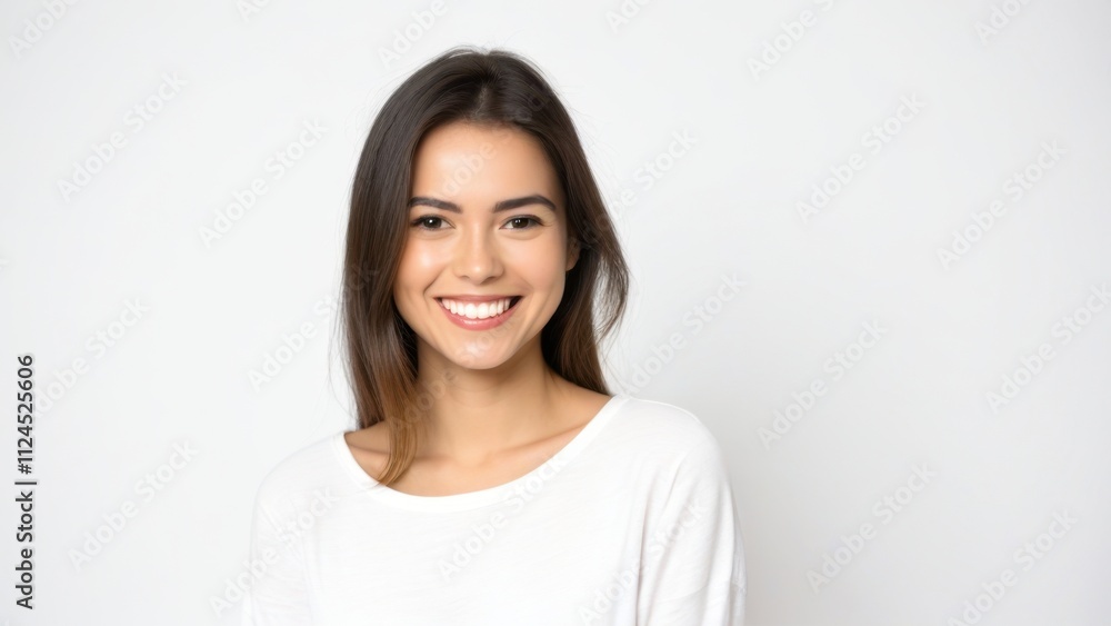 Young woman with a bright, cheerful smile, wearing a simple white top, background is white Young woman with a bright, cheerful smile, wearing a simple white top, background is white