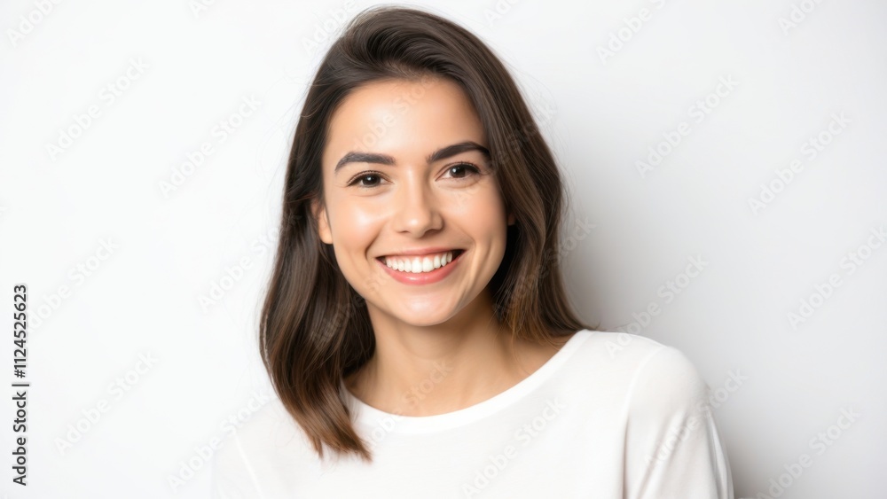 Young woman with a bright, cheerful smile, wearing a simple white top, background is white Young woman with a bright, cheerful smile, wearing a simple white top, background is white