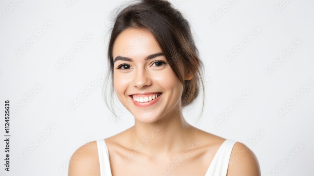 Young woman with a bright, cheerful smile, wearing a simple white top, background is white Young woman with a bright, cheerful smile, wearing a simple white top, background is white