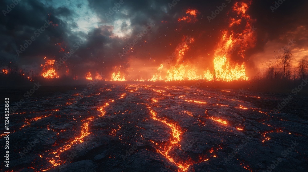 Crumbling City Skyline Ripped Apart by Fiery Cracks in the Earth Crumbling City Skyline Ripped Apart by Fiery Cracks in the Earth