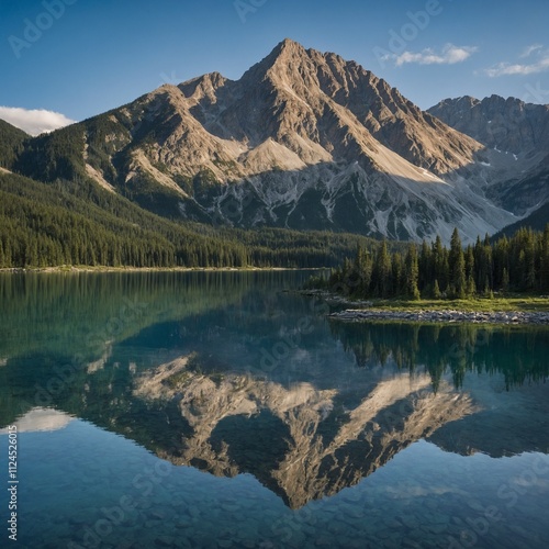 A serene lake reflecting towering mountains under a clear blue sky.